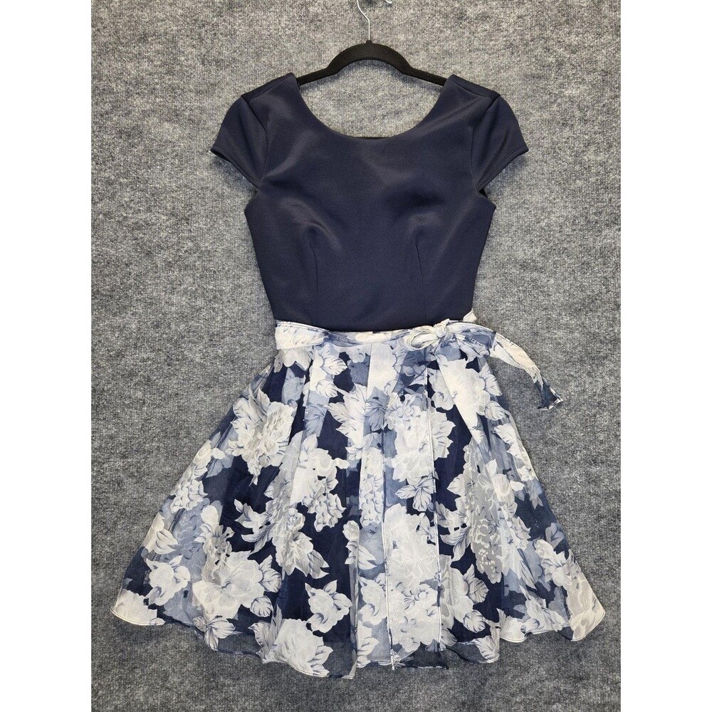 B Darlin Dress Juniors 3 Blue Floral Fit & Flare Belted Short Party Wedding